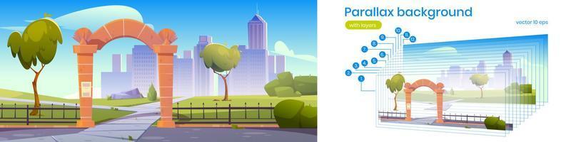 Parallax background with stone arch in city park vector