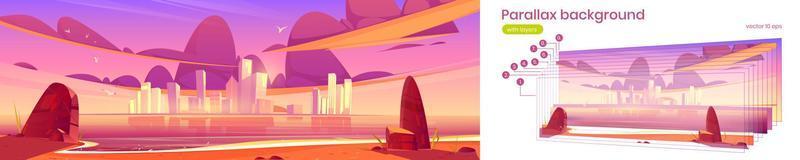 Parallax background with river and city at sunset vector