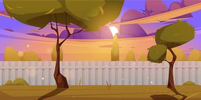 Backyard with fence, grass and trees at sunset vector