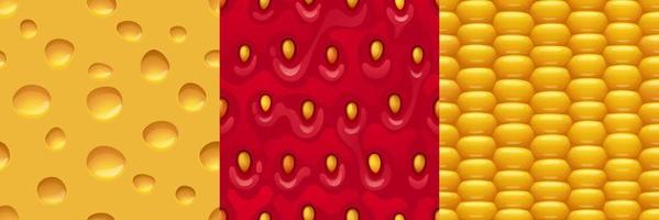 Cheese, strawberry and corn seamless textures set vector