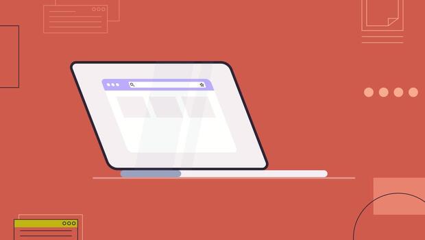 Work screen on laptop and abstract objects and shapes on background flat vector illustration.