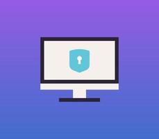 Computer monitor icon and shield keyhole label protection and security concept flat vector illustration.