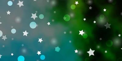 Telón de fondo de vector azul claro, verde con círculos, estrellas.