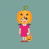 Girl with pumpkin basket wearing a pumpkin head costume vector