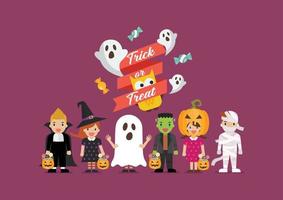 niños de la fiesta de halloween con diferentes disfraces aterradores vector