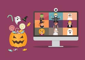 Halloween party video conference on computer display vector