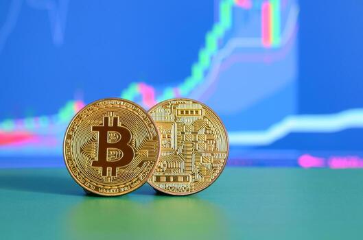 Two gold bitcoins lie on the green surface on the background of the display, which depicts the growth of the position on the chart photo