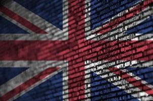 Great britain flag is depicted on the screen with the program code. The concept of modern technology and site development photo