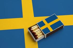 Sweden flag is shown in an open matchbox, which is filled with matches and lies on a large flag photo