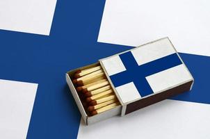 Finland flag is shown in an open matchbox, which is filled with matches and lies on a large flag photo