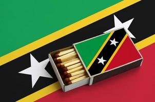 Saint Kitts and Nevis flag is shown in an open matchbox, which is filled with matches and lies on a large flag photo
