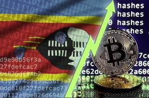 Swaziland flag and rising green arrow on bitcoin mining screen and two physical golden bitcoins photo