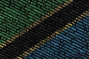 Tanzania flag is depicted on the screen with the program code. The concept of modern technology and site development photo