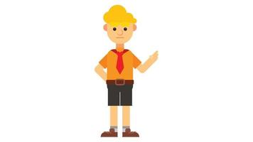 Standing school boy showing something. vector