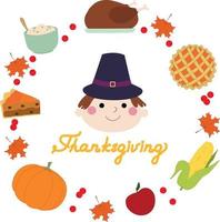 Cute pilgrim in a circle of Thanksgiving Day elements. Happy Thanksgiving Day. Hand drawn vector art. Hand drawn text