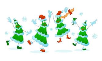 alegres árboles de navidad bailando con sombreros de navidad y copos de nieve. fiesta de navidad y baile de navidad. Ilustración vectorial sobre fondo blanco. vector