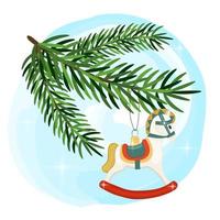 Christmas tree toy horse hanging on fir branch on blue watercolor background. New Year and Christmas decorations. Vector illustration.