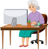 Old woman sitting in front of computer vector