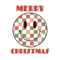 Cute happy face with smile, checkerboard pattern in festive winter color palette. Text Merry Christmas. Cute Christmas groovy retro y2k hippie vector print