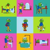 Set of stickers on the theme of daily planning of the daily routine of schoolchild. The baby frog performs various tasks during the day. Bright vector illustration.