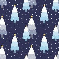 Seamless pattern of winter forest with cartoon style pine trees on isolated blue background. Design for wrapping paper, scrapbook, greeting card, celebration of Christmas, New Year, Winter holidays. vector