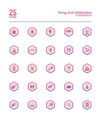 Party and celebration, anniversary, birthday, gradient icons set- vector gradient icon pack, gift, wine, music, party mask,