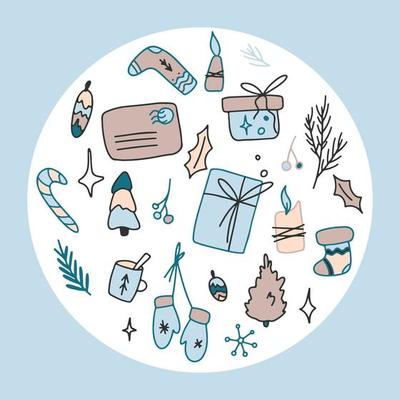 Christmas set in Hand drawn doodle flat nordic style with seasonal decoration elements in circle shape illustration