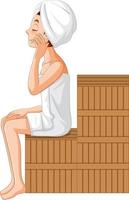 A woman sitting on wooden bench at sauna vector