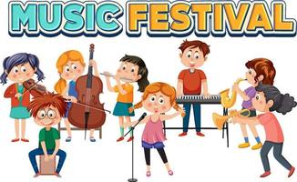 Music festival text with children playing musical instrument vector