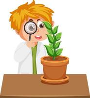 niño investiga sobre una planta usando lupa vector