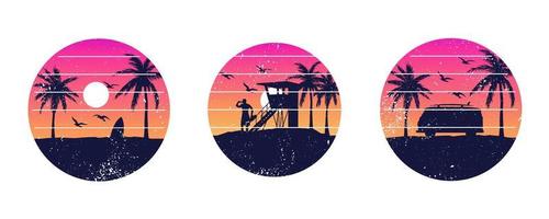 Collection of tshirt graphic prints in vacation style with good vibes. Vector design templates for apparel and clothing