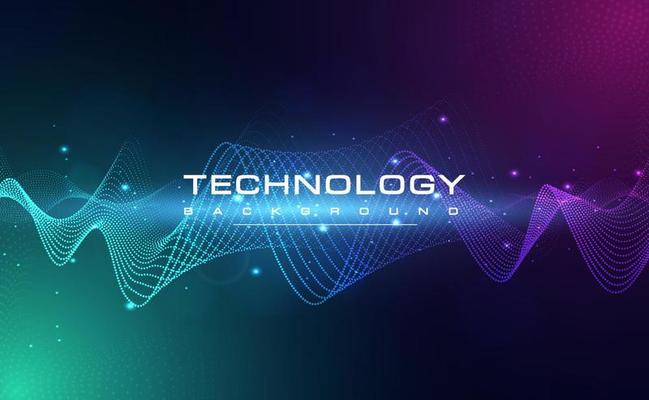 Digital technology blue green background, online cyber media algorithm, pink abstract wave futuristic circuit tech, innovation future, internet network connection, Ai big data, dot illustration vector
