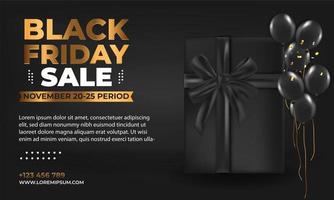 black friday sale. Realistic 3d design gift box, black balloon for promotional marketing discount and online shopping concept. vector template