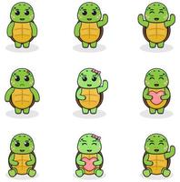 conjunto de ilustraciones vectoriales de dibujos animados de tortugas. paquete de lindo juego de tortugas. conjunto de animales. personajes aislados de dibujos animados y vectores. una colección de animales al estilo de los niños. vector