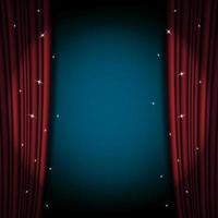 Open red curtain theater background with sparkling stars. Vector illustration