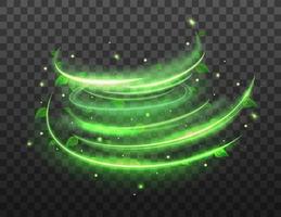 efecto de viento de primavera espiral verde con estrella verde y hojas sobre fondo transparente. efecto de líneas brillantes verdes brillantes. ilustración vectorial vector