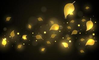 Swirl of glowing golden leaves on dark background. Vector illustration