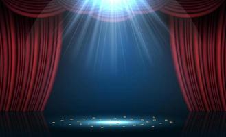 Red stage curtain illuminated by spotlights. Vector illustration