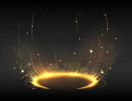 Abstract golden light circle lines effect on black background. Rotating rings with shine rays. Vector illustration