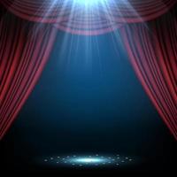 Red stage curtain illuminated by spotlights. Vector illustration