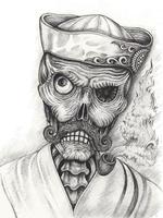 Art fancy old man skull. Hand drawing and make graphic vector.