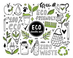 Eco doodles vector set. Symbols of environmental care - zero waste, organic products, recycling, eco-friendly. Bio emblem, go green. Simple outline isolated on white. Clipart for print, logos, apps