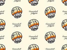 Cannonball jellyfish cartoon character seamless pattern on orange background vector