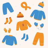 Set of winter clothes. Colorful cute collection of winter clothes in cartoon style. Sweater, jacket, pants, hat, gloves, mittens, scarf, socks. Vector illustration