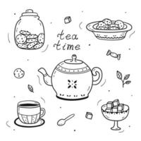 Set of doodles tea time. Black linear collection of ceramic teapot, cup of tea, cookies and sugar cubes. vector