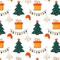 Seamless pattern witn christmas and new year elemets. Pattern with christmas tree, gift, skate, hat and garland vector