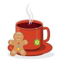 Christmas cookies ginger man near a mug of tea, color vector illustration in cartoon style