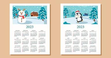 2023 calendar template with cute animal cartoon vector