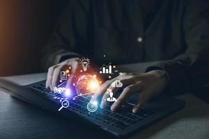 woman Hand holding virtual Global Internet connection metaverse. Business global internet connection application technology and digital marketing, Financial and banking, Digital link tech, big data. photo