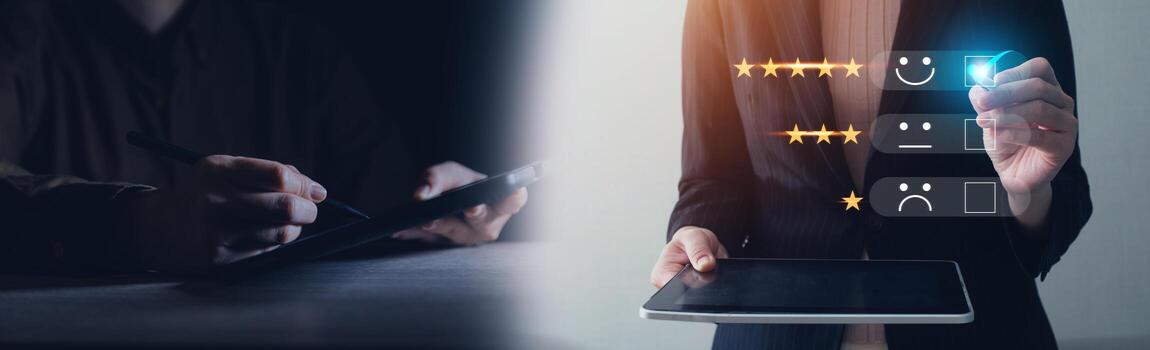 Customer review satisfaction feedback survey concept, User give rating to service experience on online application, Customer can evaluate quality of service leading to reputation ranking of business. photo